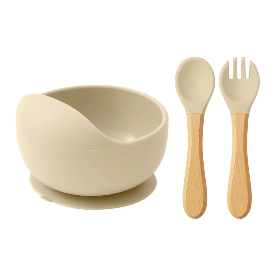 Mamaplan 3PCS Baby Silicone Feeding Set Toddler Suction Bowl Feeding Training Spoon Fork Baby Dishes Plate Baby Accessories Purest Peak