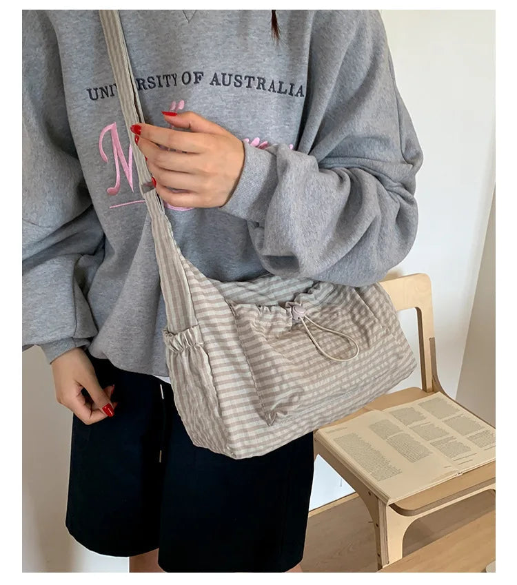 Korean Nylon Shoulder Bags Fashion Simple Plaid Zipper Tote Drawstring Pleated Cloud Bags New Commuter Crossbody Shoulder Bag Quick Pick Grocers