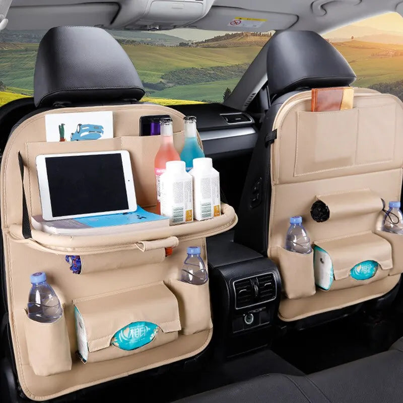 Car Seat Back Organizer with Foldable Table Tray PU Leather Storage Organizer with Pockets Kick Mats Seat Interior Accessories Econic Blanks