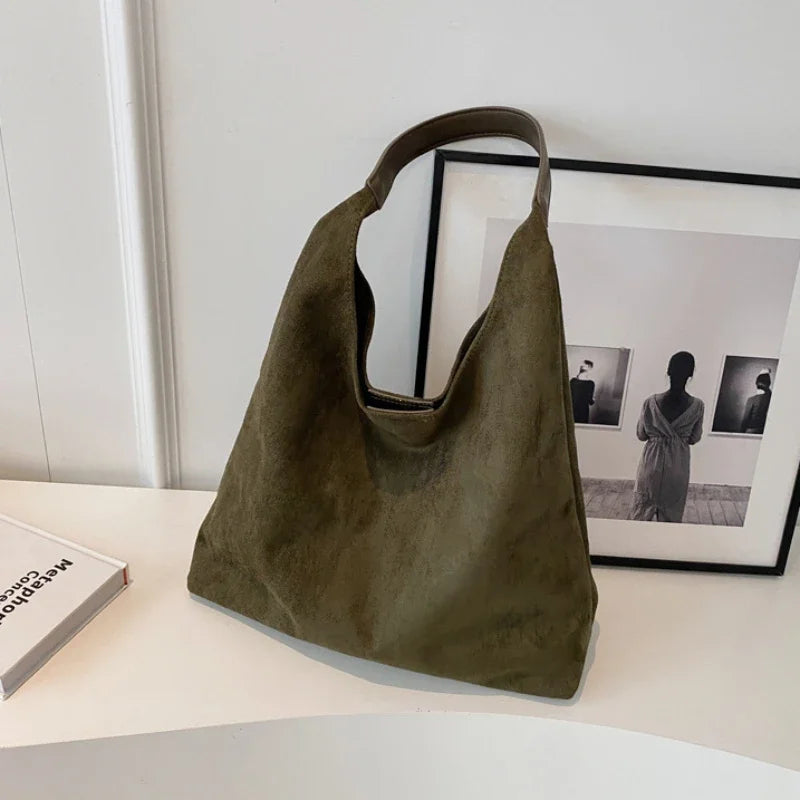 Autumn and Winter Vintage Women's Bag Large Capacity Suede Shoulder Bag Solid Color Simple Casual Commuter Bag Retro Handbags Quick Pick Grocers