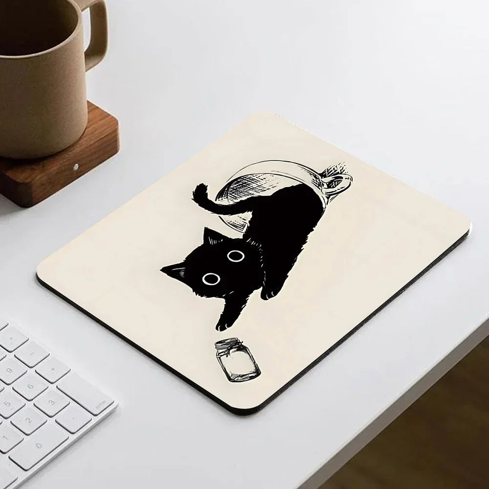 Black Cat Illustration Mouse Pad Small Office Table Mats Computer Accessories Washable Non-slip Rubber with Precision Lock Edge Quick Pick Grocers