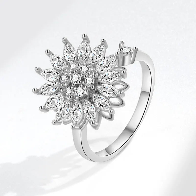 VENTFILLE 925 Sterling Silver Sunflower Diamond Zircon Rotatable Ring For Women Gift Relieve Stress Ring Jewelry Wholesale Quick Pick Grocers