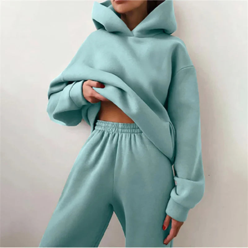 Women's Tracksuit Suit Autumn Fashion Warm Hoodie Sweatshirts Two Pieces Oversized Solid Casual Hoody Pullovers Long Pant Sets Quick Pick Grocers