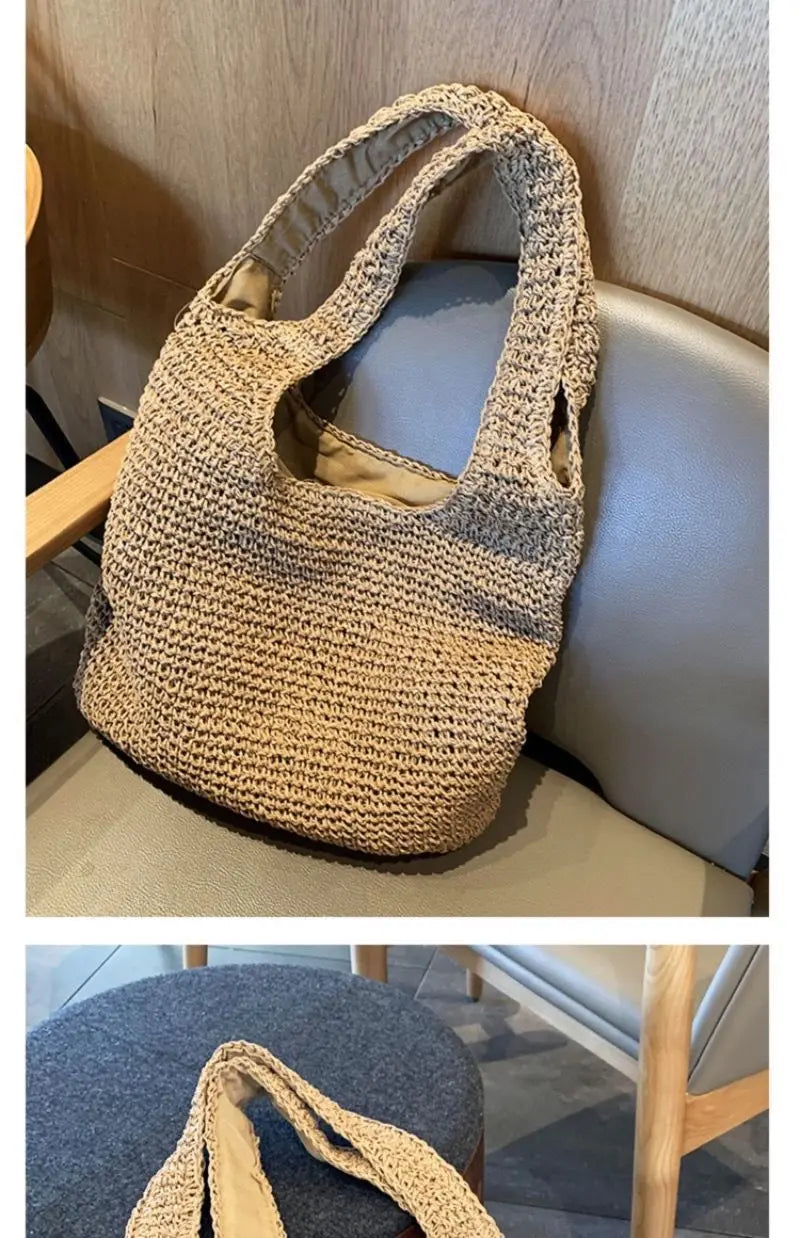 French Style Large Capacity Woven Straw Woven Bag for Women New Beach Vacation Shoulder Bag Casual Commuting Tote Bag Purse Quick Pick Grocers