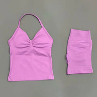HISTELLO 2 Pieces Sports Set Women Yoga Longline Strap Top Scrunch Seamless Shorts Sport Gym Set Sportswear Workout Fitness Set Quick Pick Grocers