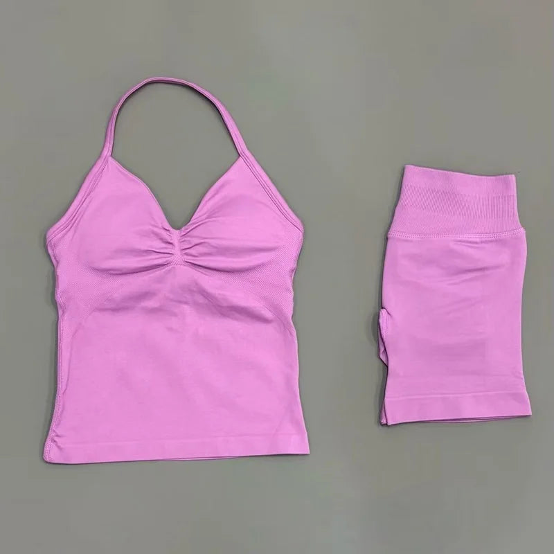 HISTELLO 2 Pieces Sports Set Women Yoga Longline Strap Top Scrunch Seamless Shorts Sport Gym Set Sportswear Workout Fitness Set Quick Pick Grocers
