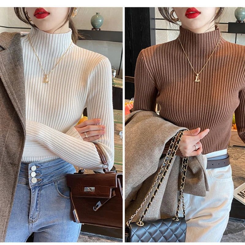 New Women's Elegant Solid Basic Knitted Tops Women Turtlneck Sweater Long Sleeve Casual Slim Pullover Fashion Simple Chic Tops Quick Pick Grocers