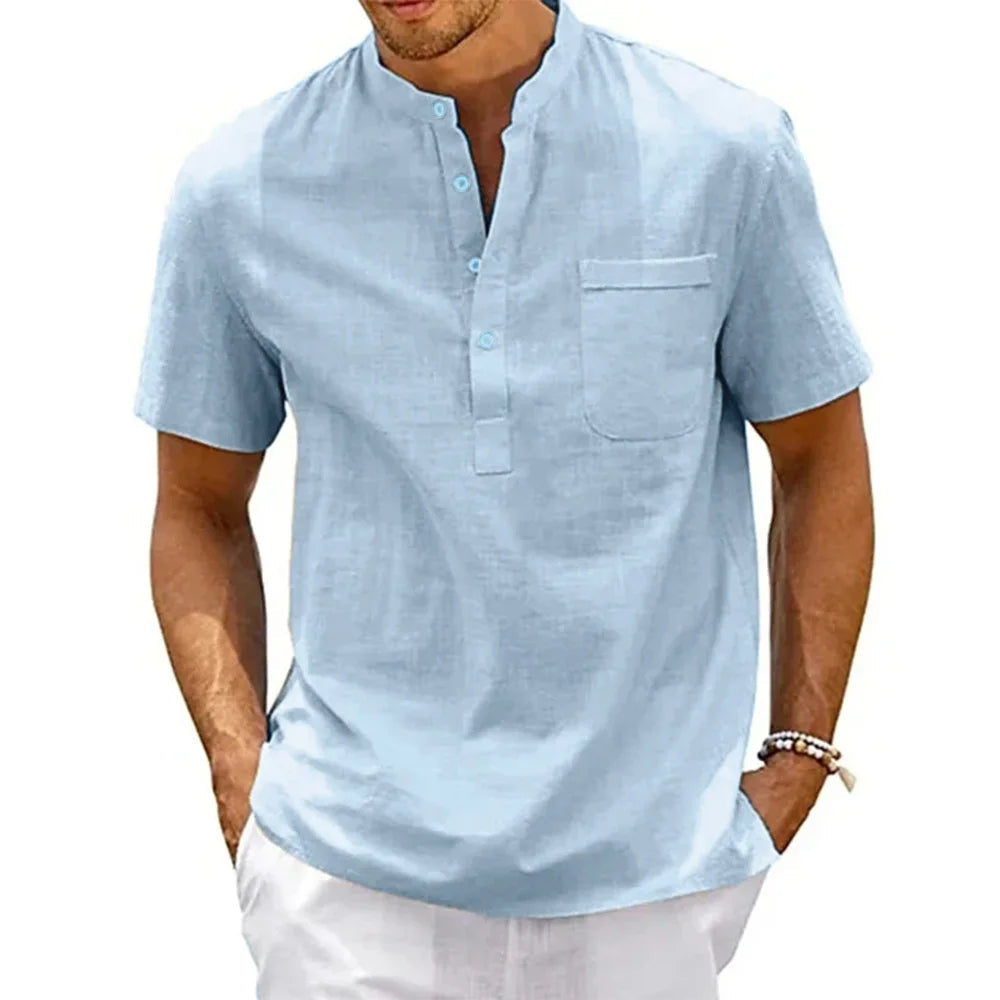 Cotton Linen Shirt Men Henley Neck Pocket Casual Beach Short Sleeve Solid Color Male Tops T-shirts Vintage Streetwear Quick Pick Grocers