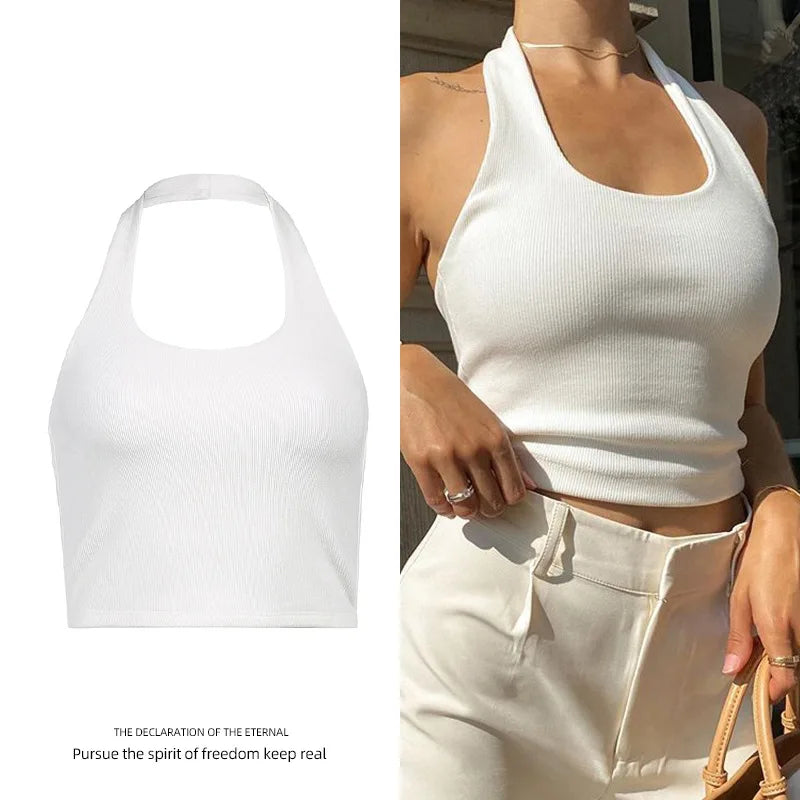 Women's Ribbed Halter Neck Crop Tank Top Sleeveless U-Neck Backless Slim Fit Solid White Knit Cami Summer Casual Basic Y2K Quick Pick Grocers