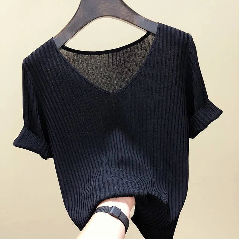 AOSSVIAO 2026 Basic V-neck Solid Thin Summer Women Pullover Female Thin Knitted Ribbed Sweater Slim Short Sleeve Bodycon Sweater Quick Pick Grocers
