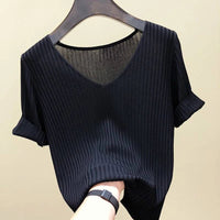 AOSSVIAO 2026 Basic V-neck Solid Thin Summer Women Pullover Female Thin Knitted Ribbed Sweater Slim Short Sleeve Bodycon Sweater Quick Pick Grocers