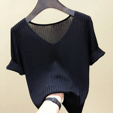 AOSSVIAO 2026 Basic V-neck Solid Thin Summer Women Pullover Female Thin Knitted Ribbed Sweater Slim Short Sleeve Bodycon Sweater Quick Pick Grocers