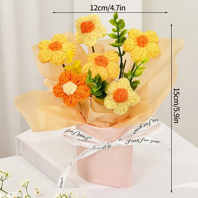 Knitted Flower Bouquet Crochet Rose Flowers Hugging Bucket New Year Gifts Living Room Desk Decoration Mother's Day Gift Quick Pick Grocers