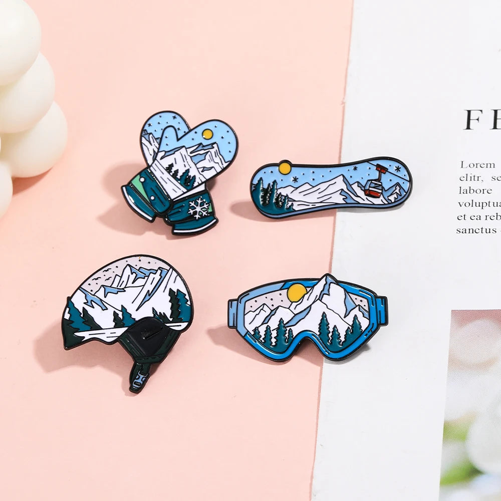 Sports Snow Mountain Pattern Ski Theme Enamel Brooches Skateboard Gloves Helmet Goggles Shaped Pins Winter Badge Jewelry Quick Pick Grocers
