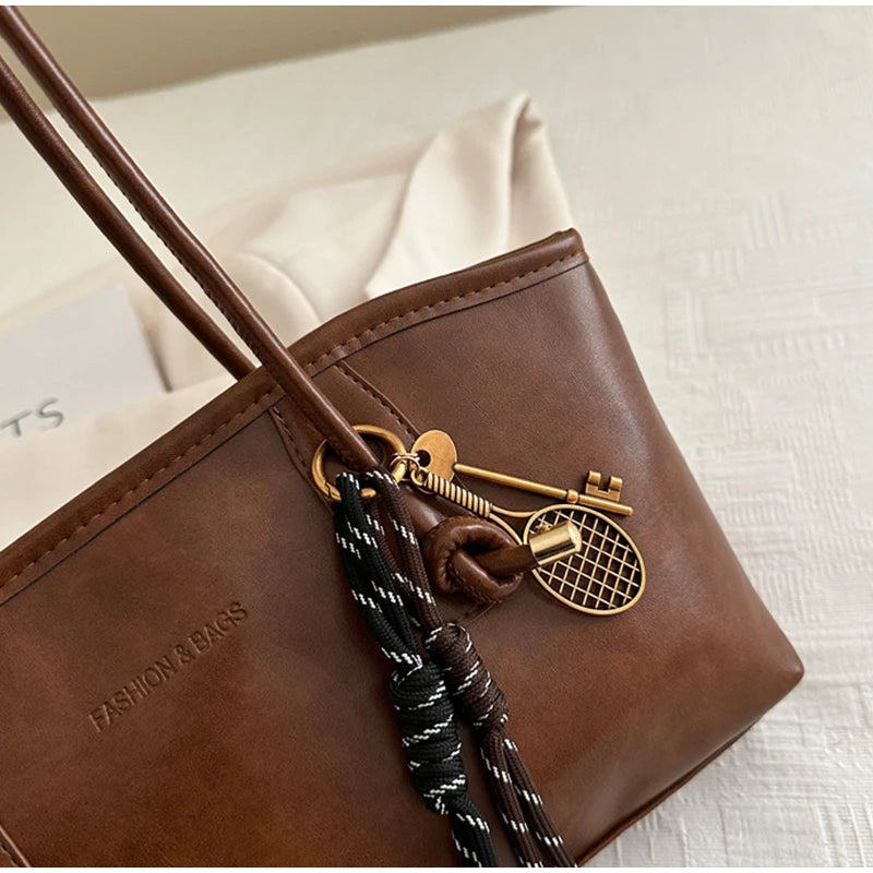 European American Retro Tote Bag, Korean Fashion Shoulder Bags Advanced Simple Handbag New Large Capacity Pendant Versatile Bags Quick Pick Grocers