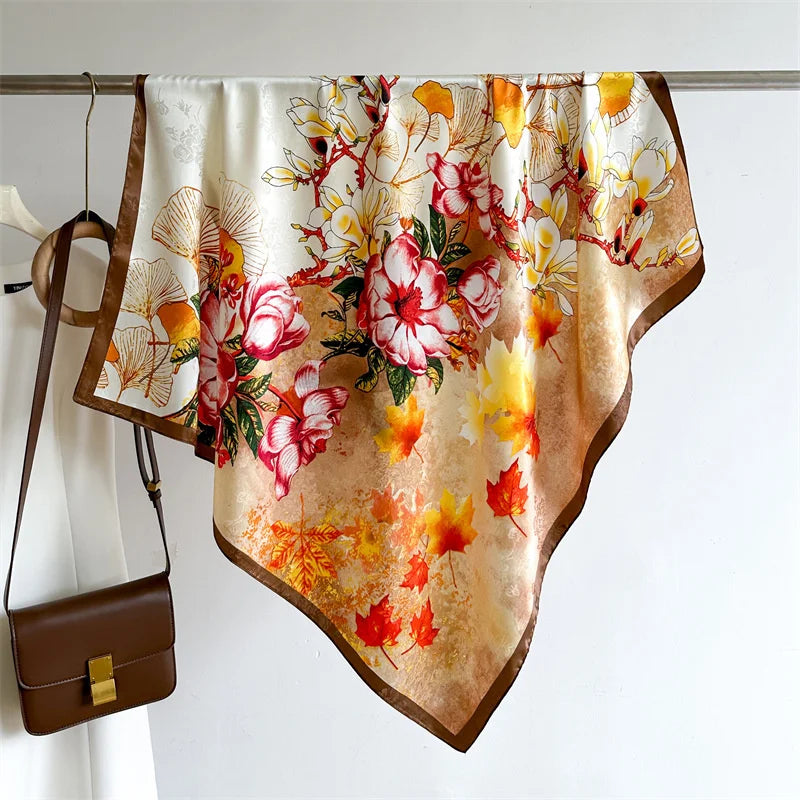 90*90Cm Square Scarf Twill Silk Feeling Women Head Shawls and Wraps Luxury Hair Tree Print Neck Scarves Hijab Bandana Pashmina Quick Pick Grocers