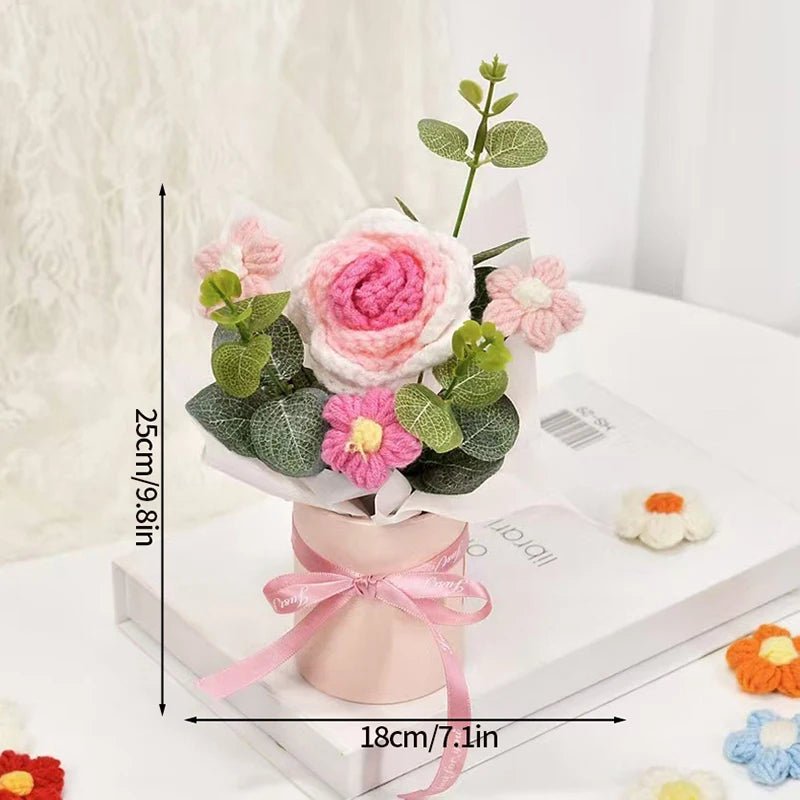 Knitted Flower Bouquet Crochet Rose Flowers Hugging Bucket New Year Gifts Living Room Desk Decoration Mother's Day Gift Quick Pick Grocers