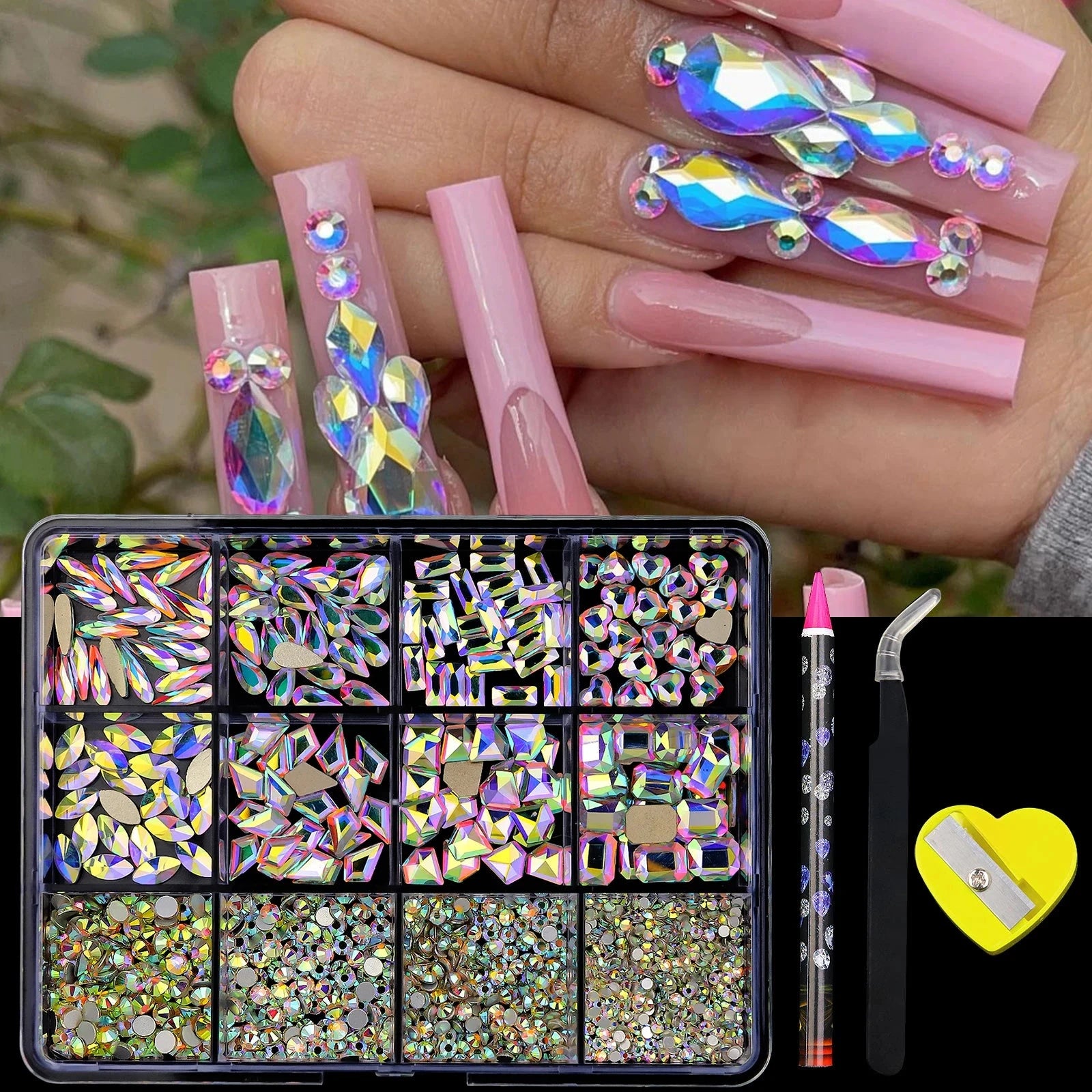 12 Grid Diamond Jewelry Set for Nail Art Decorations Nail Ab Flat Bottom Drill Nail Art Luxe Nail Shaped Diamond Illusion Color Econic Blanks
