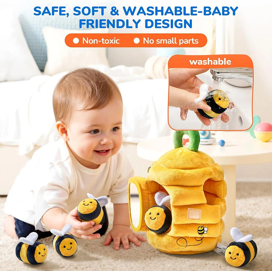 Baby Toys 6-12 Months Soft Baby Beehive with 5 Sensory Bee Rattle Mirror Crinkle Squeaker Busy Montessori Soft Toy for Toddlers Purest Peak