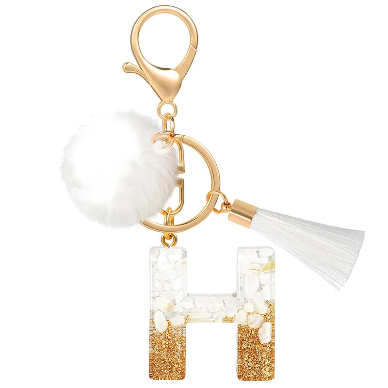 Creative Resin Initials White Fringe Fur Ball Women Keychain A-Z Letter Pendant Handbag Decor Car Key Ring Jewelry Gift Quick Pick Grocers