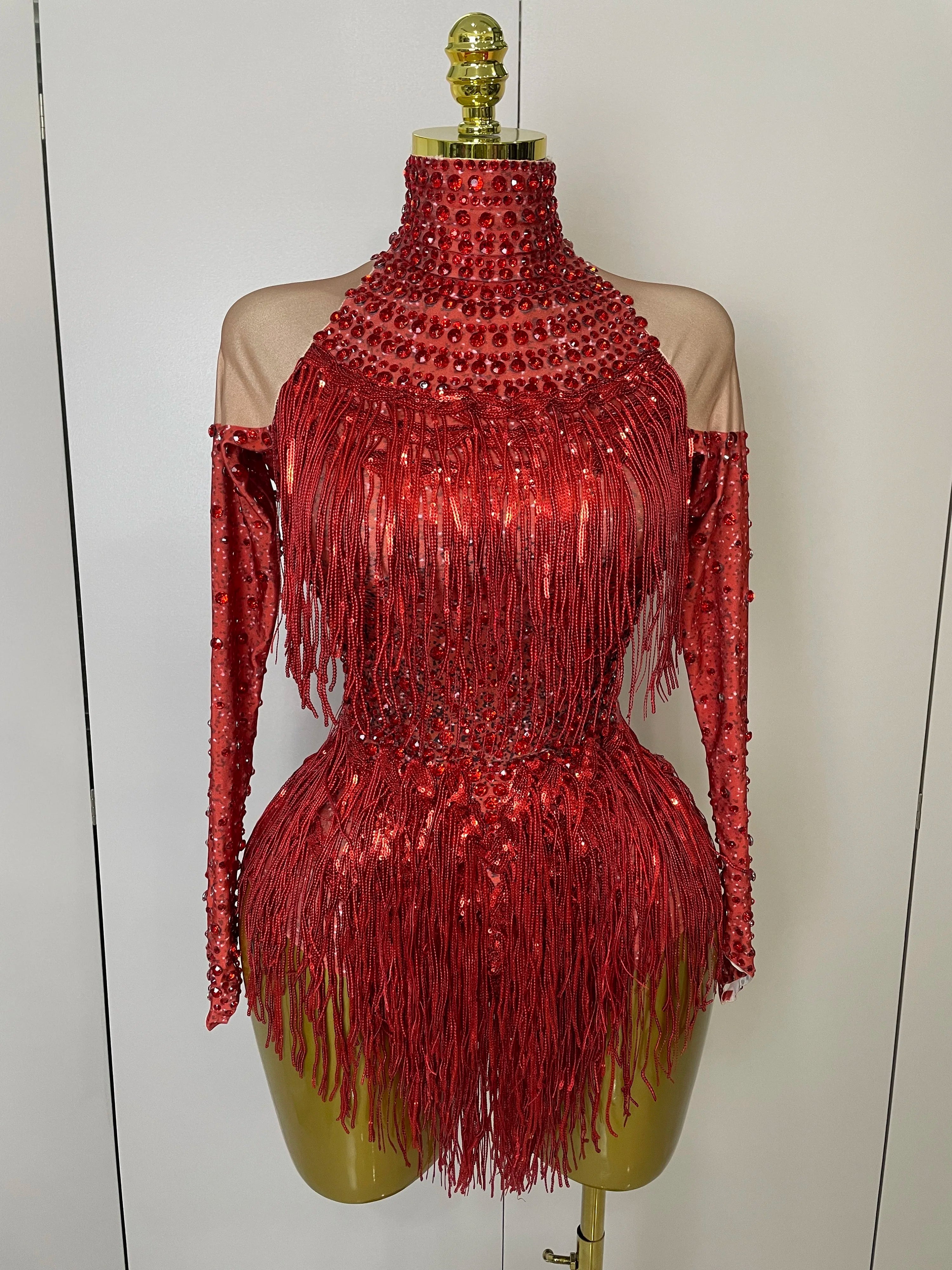 Women Sparkly Rhinestone Sequin Tassel Stretch Bodysuits 2025 New Arrival Birthday Party Nightclub Dj Stage Performance Costume Quick Pick Grocers
