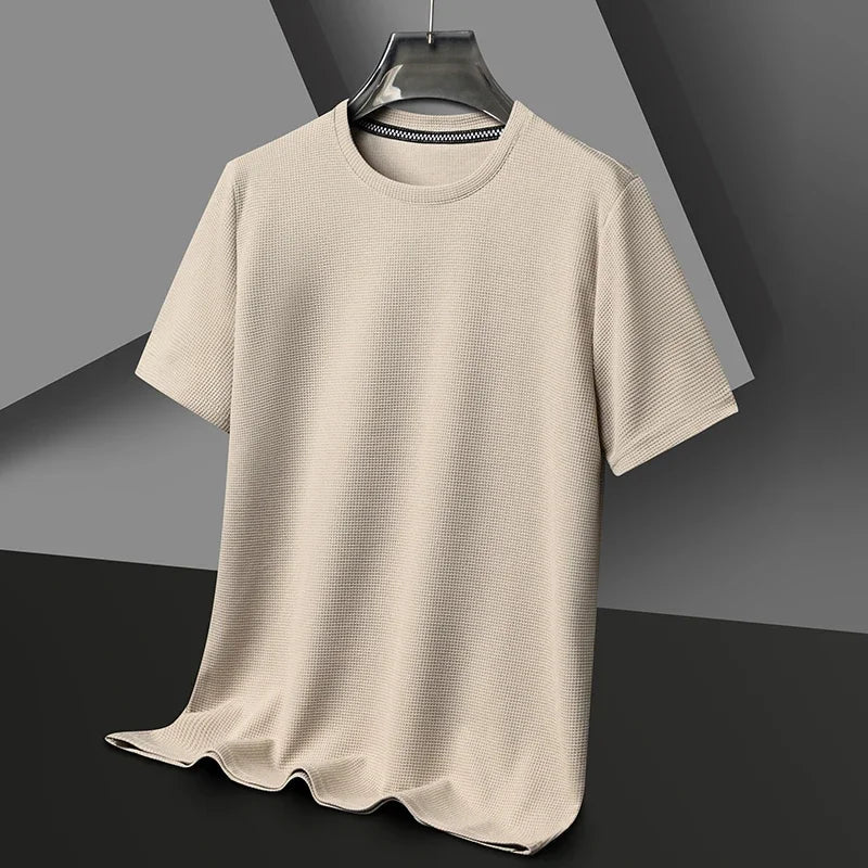 New Summer Waffle Round Neck Short Sleeved T-shirt for Men's Short Sleeved Top Quick Pick Grocers