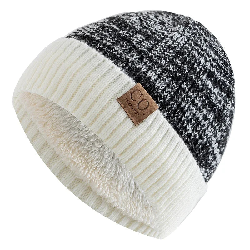 New Unisex Two-Tone Winter Hats Add Fur Lined Men And Women Fashion Warm Beanie Cap Casual Winter Knitted Hats Purest Peak
