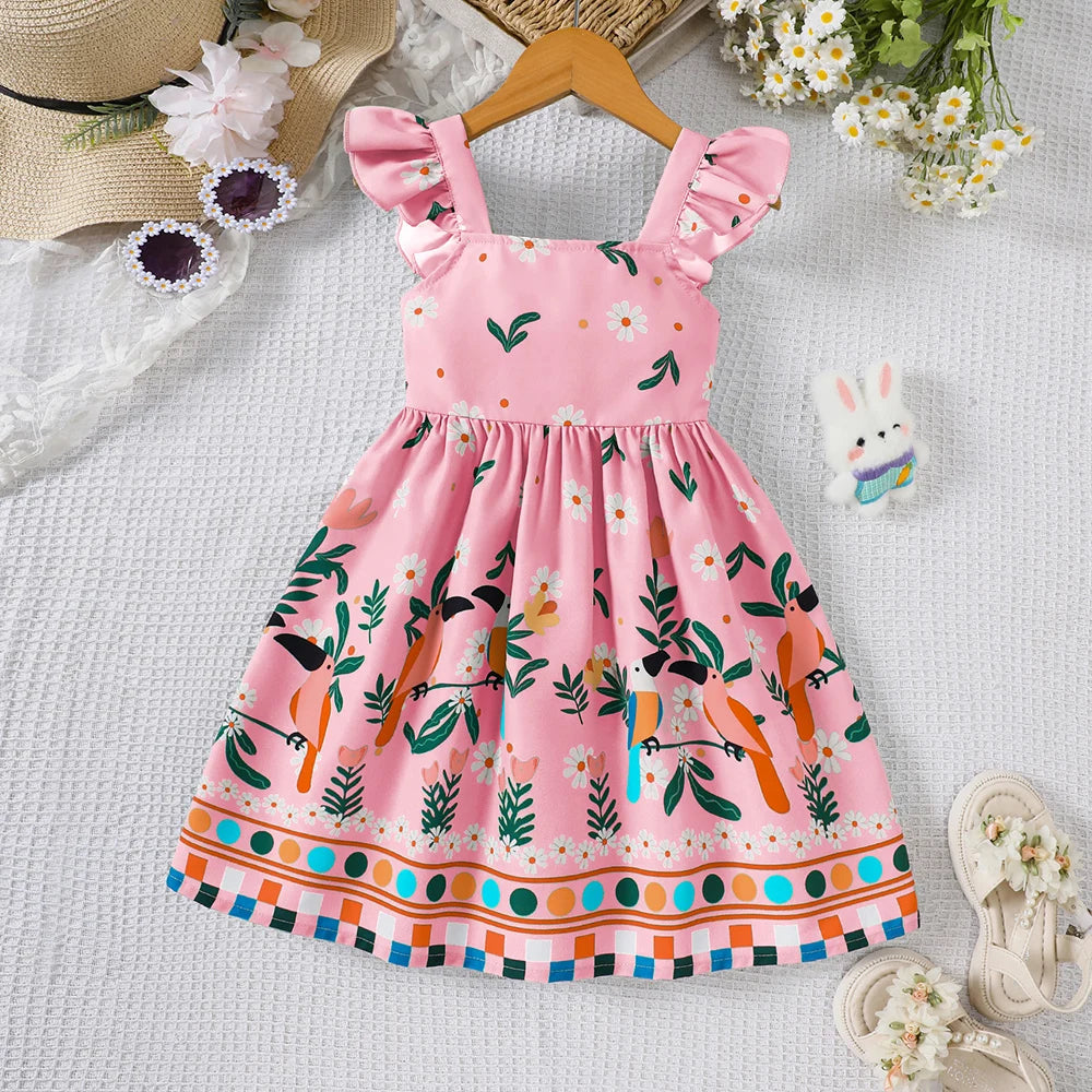 Girls' summer style small fly sleeve plant print dress Quick Pick Grocers