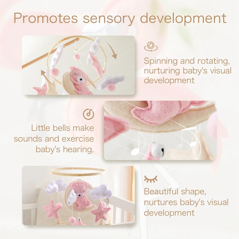 Crib Mobile Rattle Baby Wooden Bed Bell Baby Rattles Soft Felt Cartoon Bear Toys Crib Mobile Bed Bell Wood Toy Bracket Kid Gifts Purest Peak