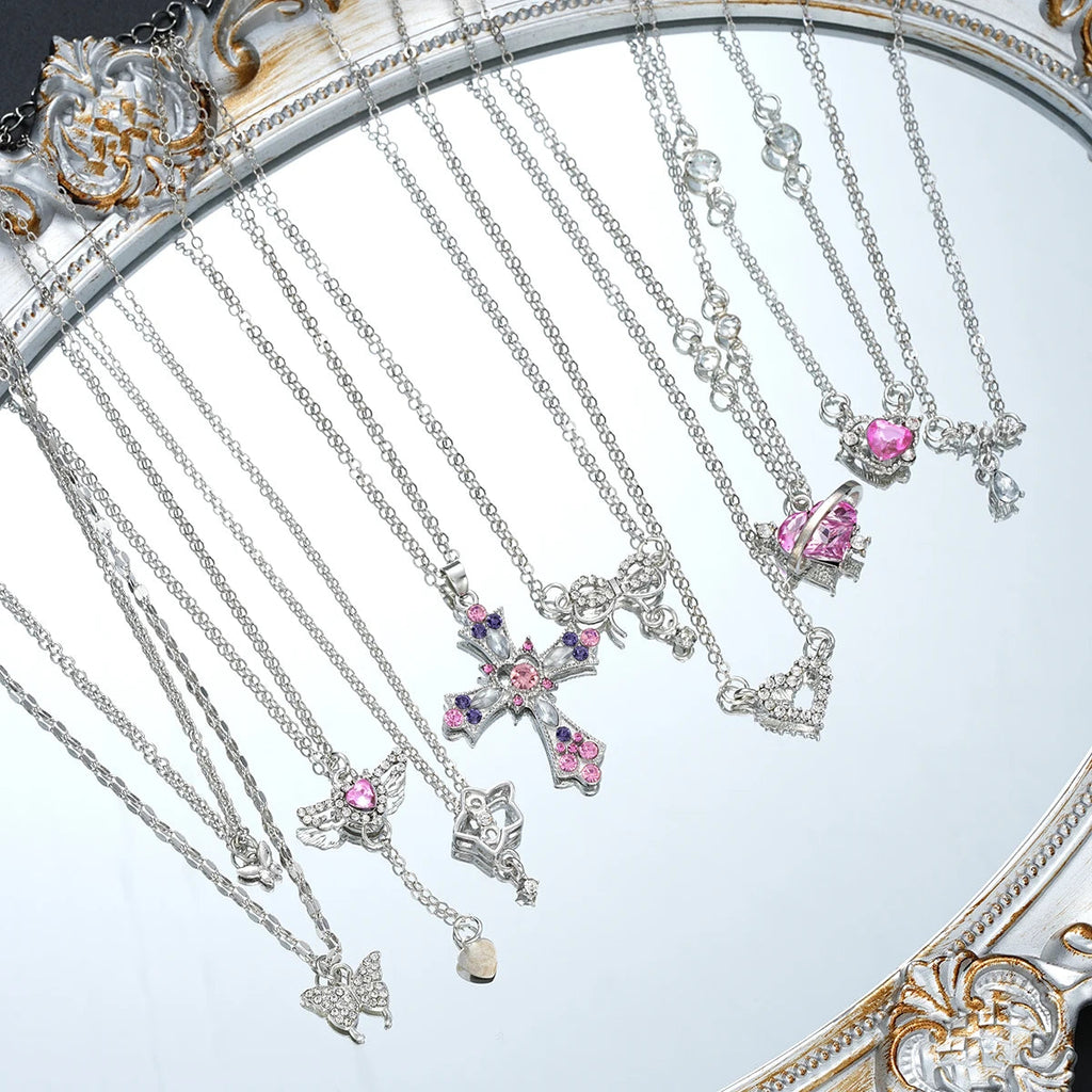 9 Pcs Women's Elegant Zircon Pendants Necklace Set Fashion Pink Color Cross Butterfly Heart Bowknot Necklaces Party Jewelry Gift Quick Pick Grocers