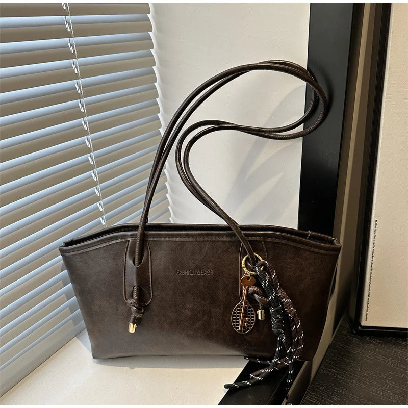 European American Retro Tote Bag, Korean Fashion Shoulder Bags Advanced Simple Handbag New Large Capacity Pendant Versatile Bags Quick Pick Grocers