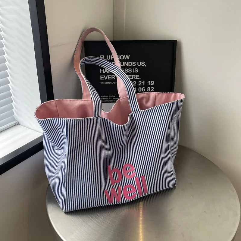 Casual Large Stripe Women's Shoulder Bag 2025 New Fashion Commuter Tote Bag High Capaci Canvas Handbag for Youth bolso mujer Quick Pick Grocers