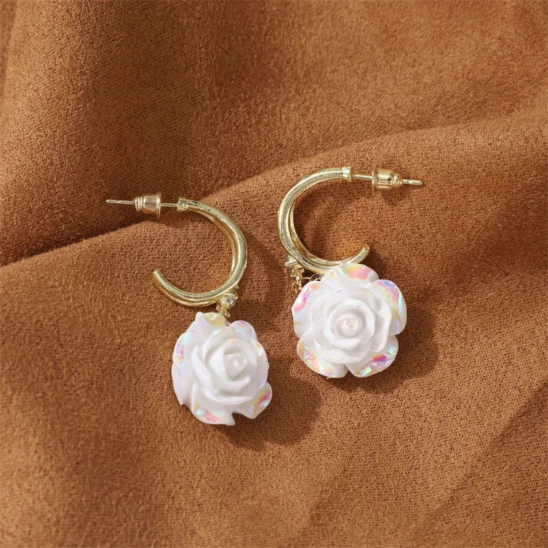 Pure White Women's Dangle Earrings Blooming Flower Acrylic Enamel Butterfly Imitation Pearl Heart Hanging Earrings Elegant brinc Econic Blanks