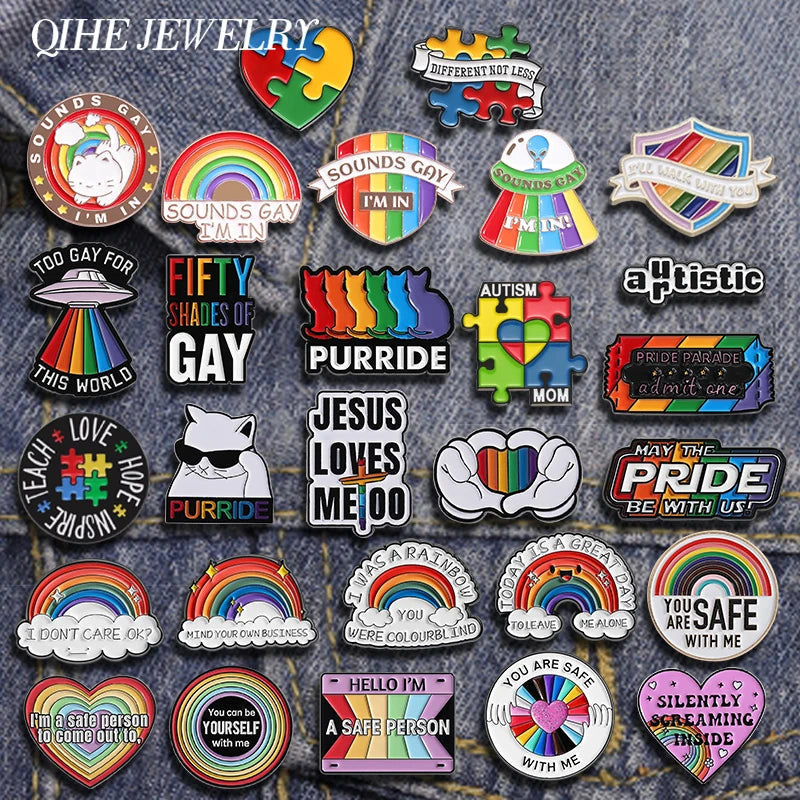 LGBTQ Pride Collect You Are Safe With Me Enamel Pins Rainbow Spaceship UFO Shield Cat Brooches Lapel Badges Jewelry Lover Gifts Quick Pick Grocers