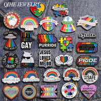 LGBTQ Pride Collect You Are Safe With Me Enamel Pins Rainbow Spaceship UFO Shield Cat Brooches Lapel Badges Jewelry Lover Gifts Quick Pick Grocers