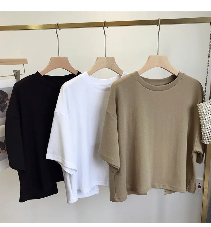 Summer New Ladies Casual Backless T-Shirt 2023 Korean Women Round Neck Loose Sweet Spicy Wind Short-Sleeved Crop Tops Quick Pick Grocers
