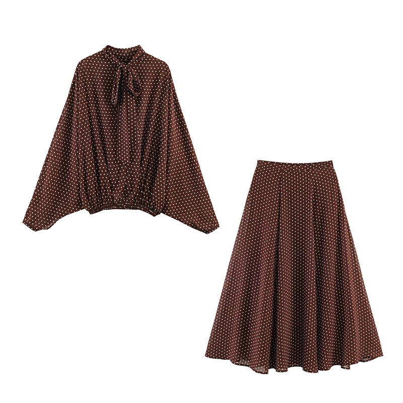 Polka Dot Printed Midi Skirts Two Piece Sets for Women 2025 Summer Chic Bow Tied Blouse Top Suits Woman 2 Piece Outfits Quick Pick Grocers