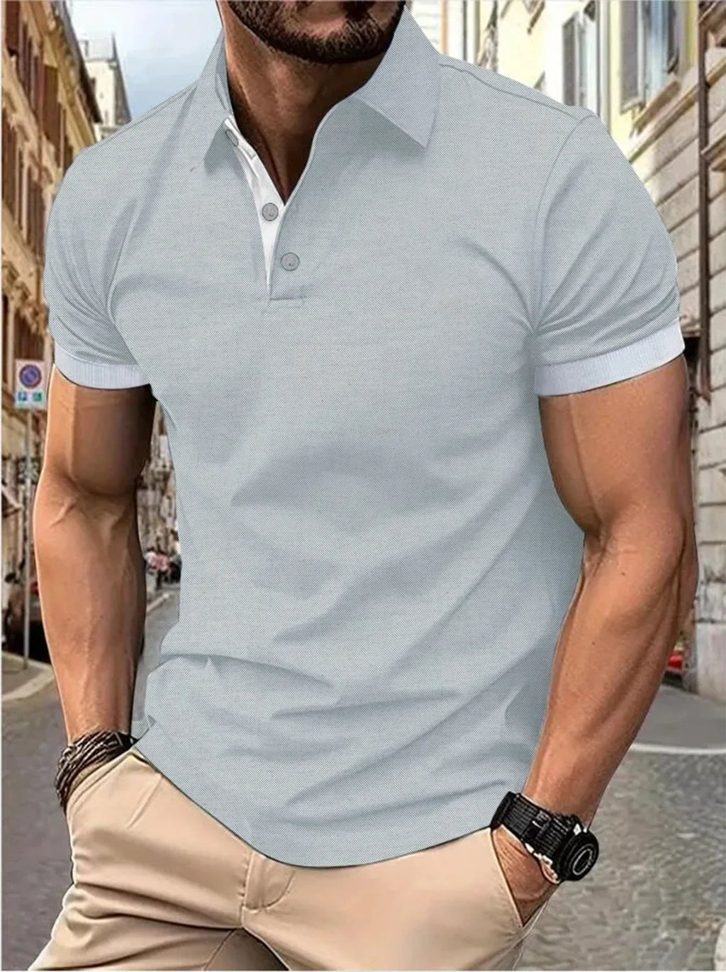 Men's short sleeve color matching fashion with men's lapel short sleeve Quick Pick Grocers