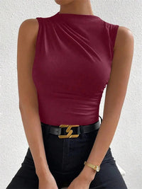 Women's Casual Mock Neck Ruched Tank Top Summer 2024 Solid Color Slim Fit Pleated Sleeveless T Shirt Tee Tshirt Streetwear Quick Pick Grocers
