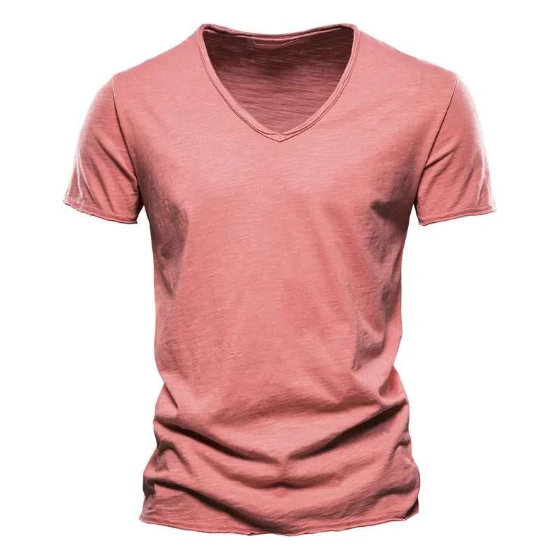 Brand Quality 100% Cotton Men T-shirt V-neck Fashion Design Slim Fit Soild Male Tops Tees Short Sleeve Quick Pick Grocers