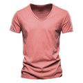 Brand Quality 100% Cotton Men T-shirt V-neck Fashion Design Slim Fit Soild Male Tops Tees Short Sleeve Quick Pick Grocers