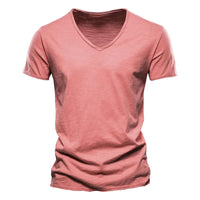 Brand Quality 100% Cotton Men T-shirt V-neck Fashion Design Slim Fit Soild Male Tops Tees Short Sleeve Quick Pick Grocers