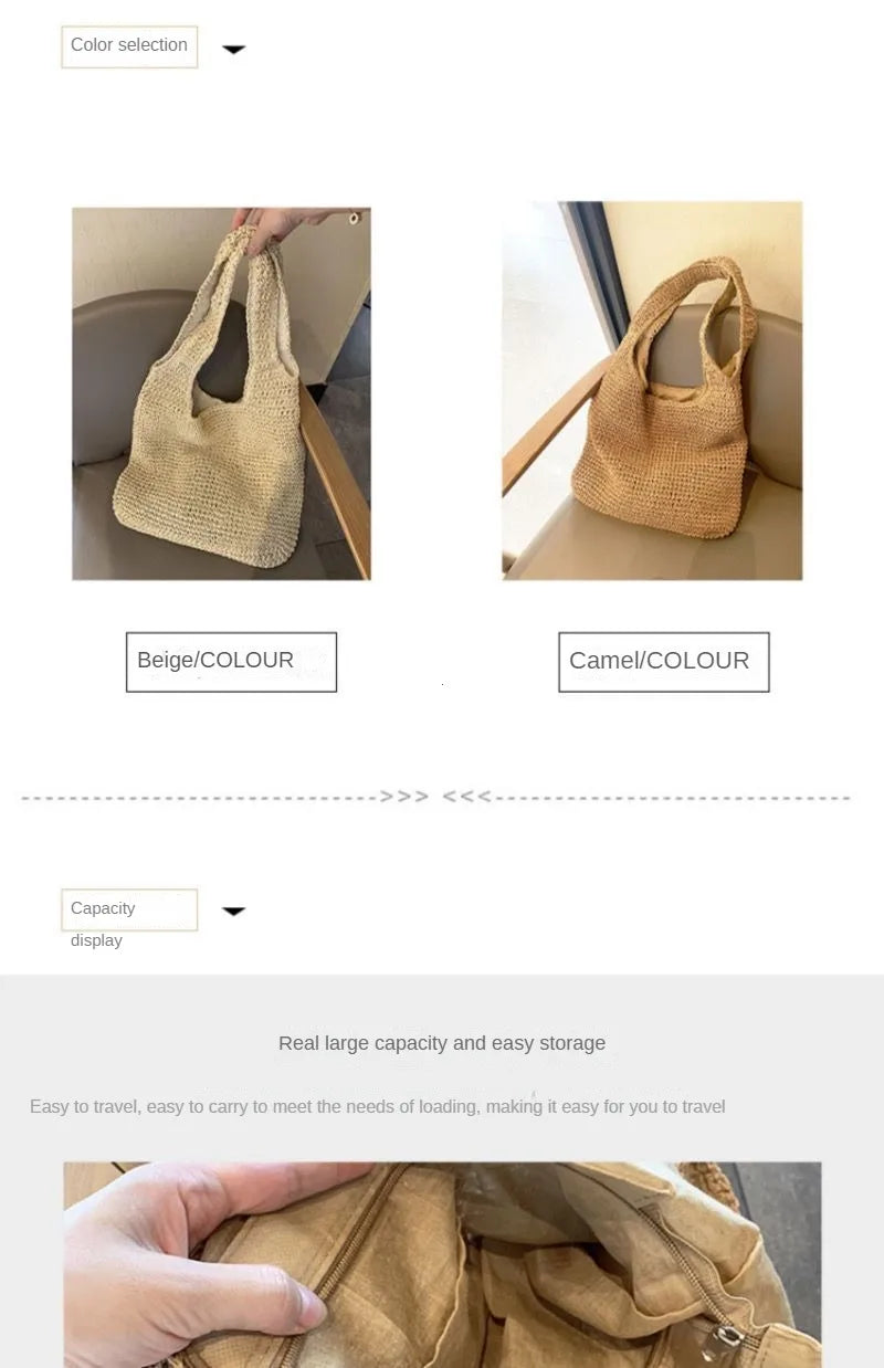 French Style Large Capacity Woven Straw Woven Bag for Women New Beach Vacation Shoulder Bag Casual Commuting Tote Bag Purse Quick Pick Grocers