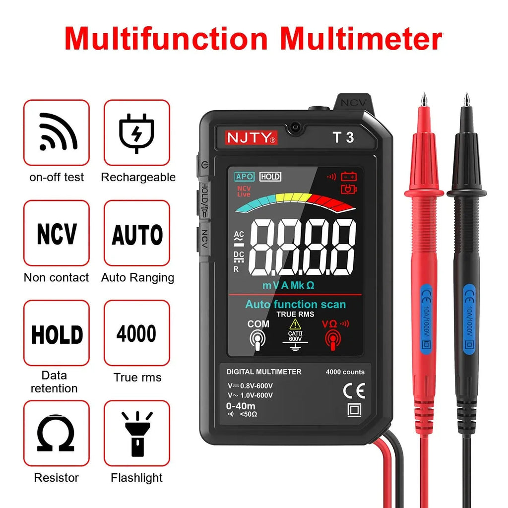 NJTY T3 Smart Digital Multimeter Type-c Charging Auto-Ranging 4000 Counts Ultra-thin NCV Live Wire Color Display Multimeter Tool Quick Pick Grocers