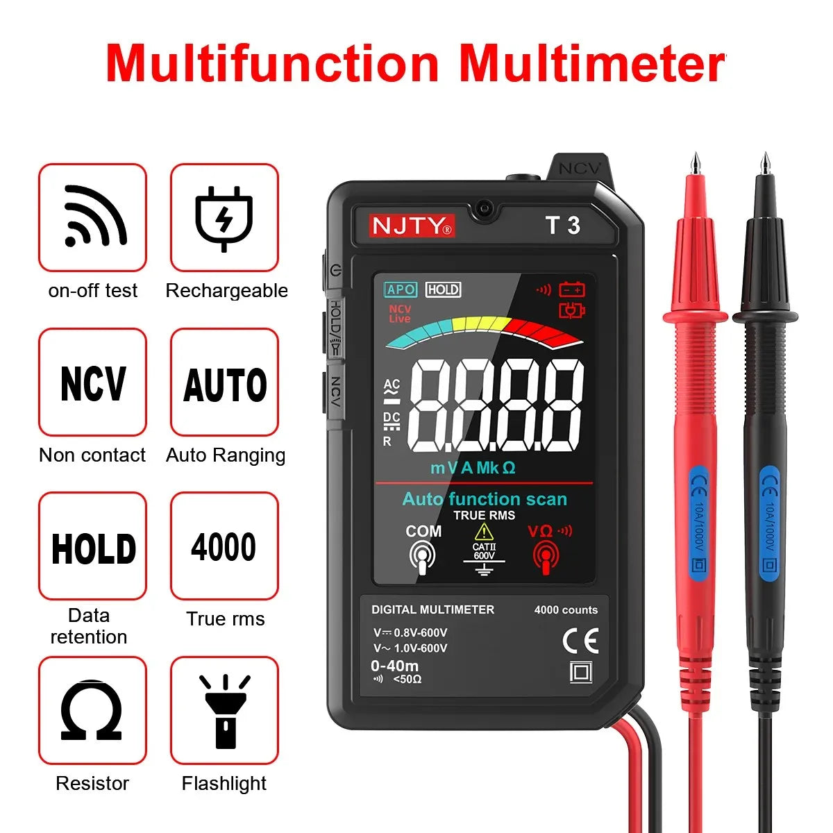 NJTY T3 Smart Digital Multimeter Type-c Charging Auto-Ranging 4000 Counts Ultra-thin NCV Live Wire Color Display Multimeter Tool Quick Pick Grocers
