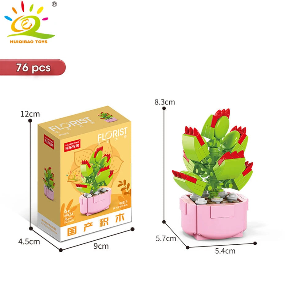 HUIQIBAO MOC Flower Succulent Potted Model Building Block DIY Eternal Bouquet Home Desk Plant Decor Brick Girl Gift Children Toy Quick Pick Grocers