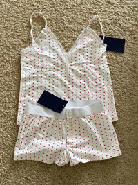 Strawberry Vest Shorts 2 Pieces Set Woman Eyelet Bow Slim Tank Top with Elastic Waist Patchwork Straight Short Pant Sweet Sets Quick Pick Grocers