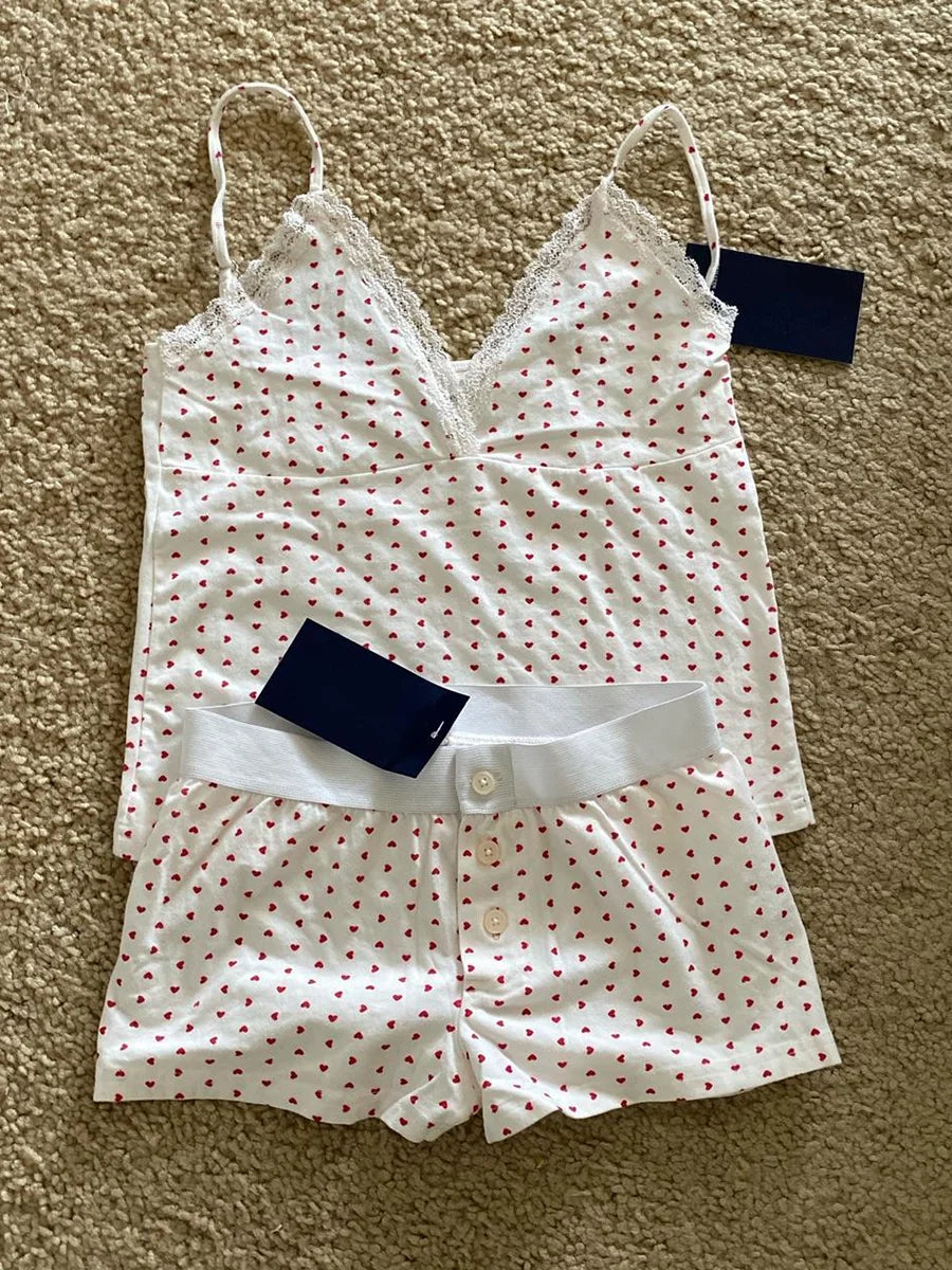 Strawberry Vest Shorts 2 Pieces Set Woman Eyelet Bow Slim Tank Top with Elastic Waist Patchwork Straight Short Pant Sweet Sets Quick Pick Grocers