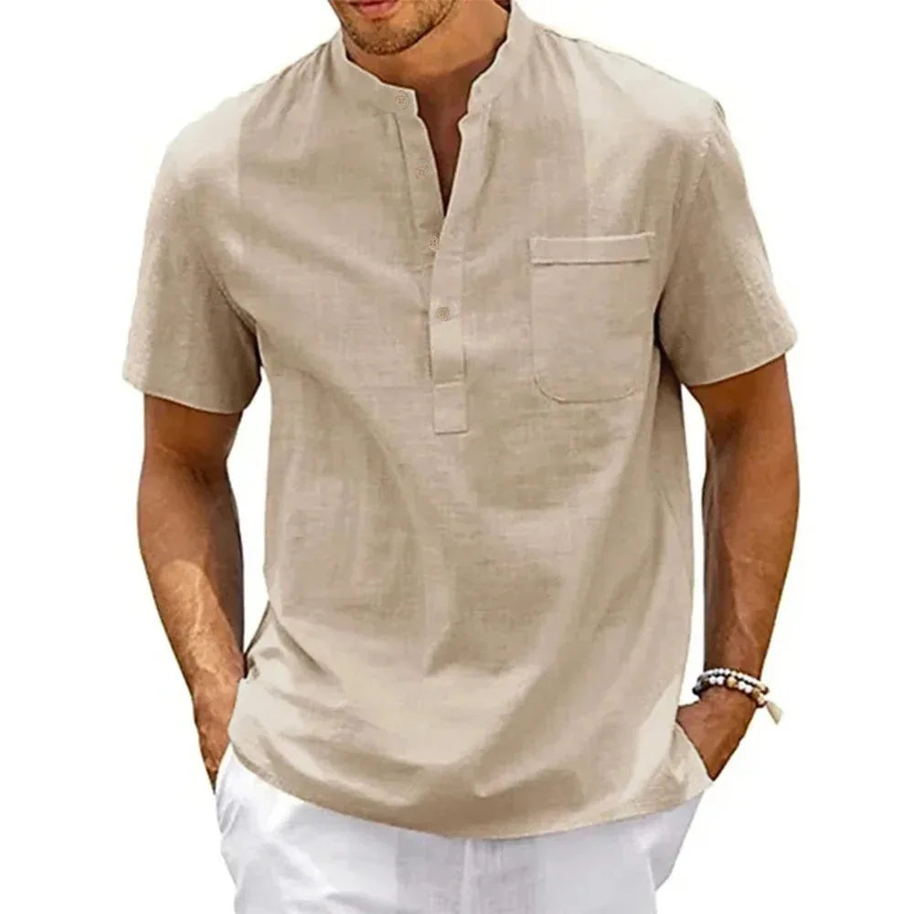 Cotton Linen Shirt Men Henley Neck Pocket Casual Beach Short Sleeve Solid Color Male Tops T-shirts Vintage Streetwear Quick Pick Grocers