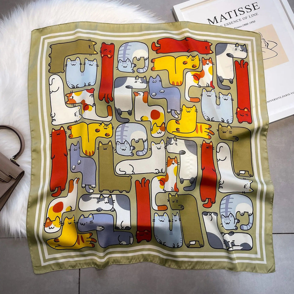 2025 Silk Shawl Print Headscarf Cat Hair Wrap Neckerchief Female Satin Square Scarf For Women Headband Foulard Hijab Bandana Quick Pick Grocers